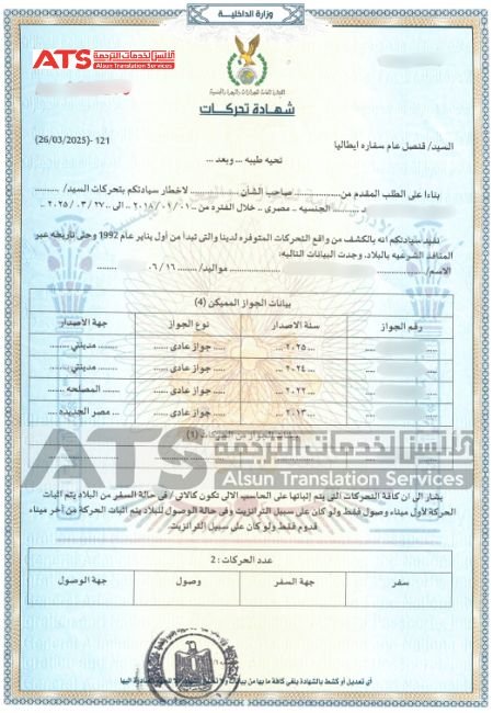 ترجمة شهادة التحركات لدى الألسن